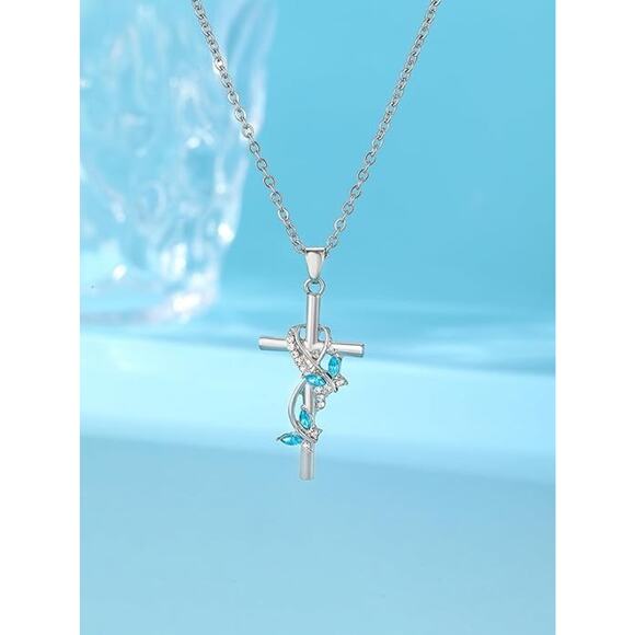 Sterling Silver Bow Cross Pendant Necklace with Blue Gemstones New Open Package - Picture 1 of 7